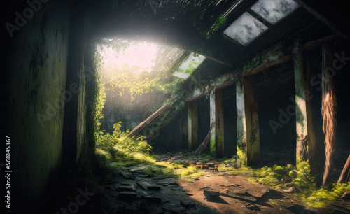 Interior of a collapsed building overgrown with greenery, Generative AI