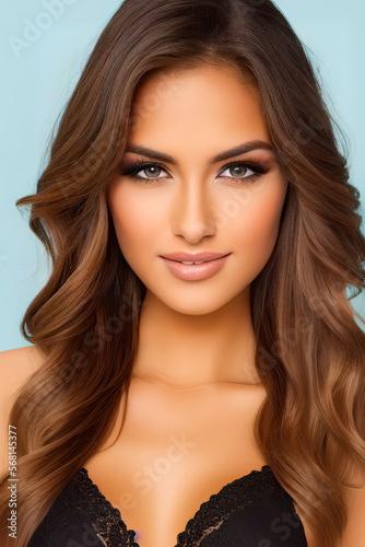 New Faces Beautiful Female Portrait Pictures Brown Eyes Long Brown Hair Black Lace Dress, created with Generative AI technology