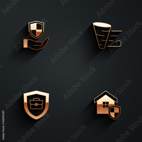 Set Shield in hand, Tornado, Briefcase with shield and House icon with long shadow. Vector