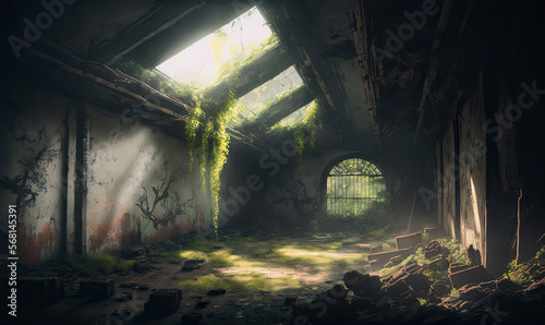 Interior of a collapsed building overgrown with greenery, Generative AI