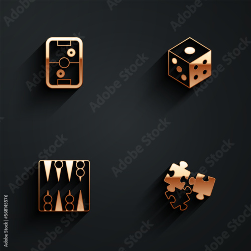 Set Air hockey table, Game dice, Backgammon board and Puzzle pieces toy icon with long shadow. Vector