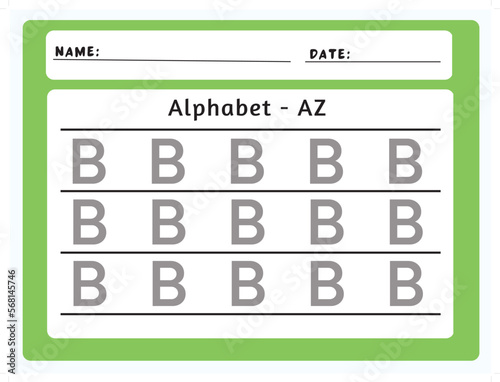 Alphabet tracing worksheet. A-Z writing pages. Letter B uppercase tracing. Handwriting exercise for kids. Printable worksheet.