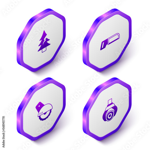 Set Isometric Tree, Hacksaw, Electric circular and Grapple crane grabbed log icon. Purple hexagon button. Vector