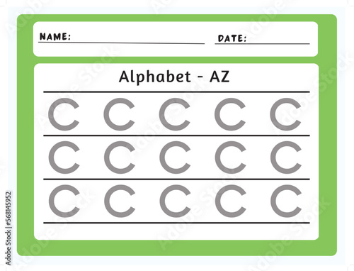Alphabet tracing worksheet. A-Z writing pages. Letter C uppercase tracing. Handwriting exercise for kids. Printable worksheet.