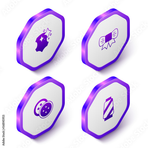 Set Isometric Leather, Gift bow, Sewing button for clothes and thread spool icon. Purple hexagon button. Vector