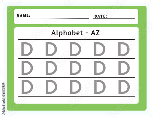 Alphabet tracing worksheet. A-Z writing pages. Letter D uppercase tracing. Handwriting exercise for kids. Printable worksheet.