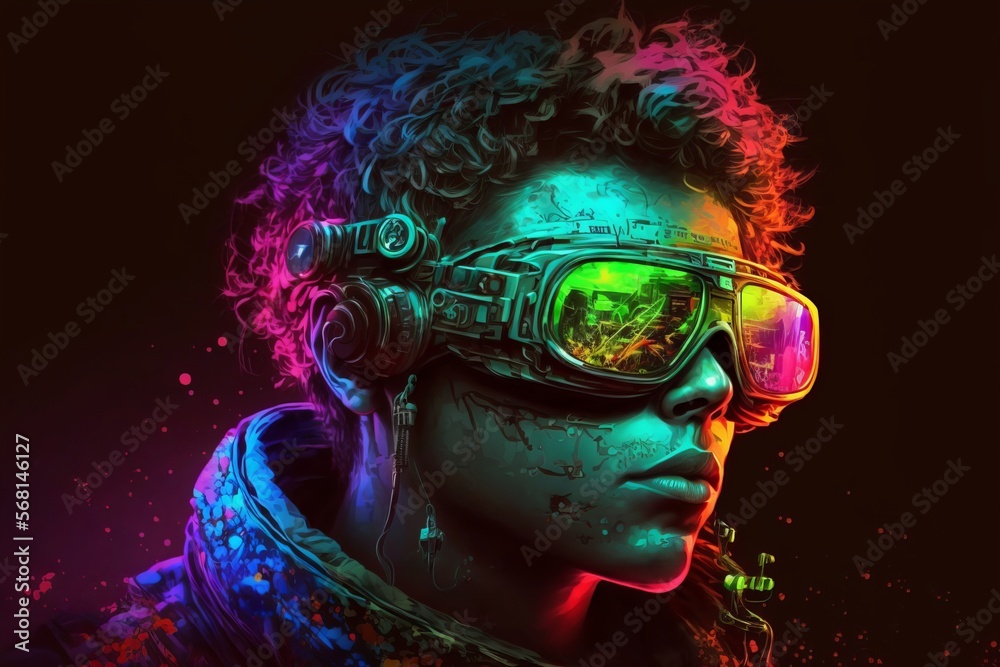 Closeup Portrait of Futuristic Boy from the Matrix with VR AR Goggles in Abstract Neon Colourful Concept Graphic Design. Ai generative illustration