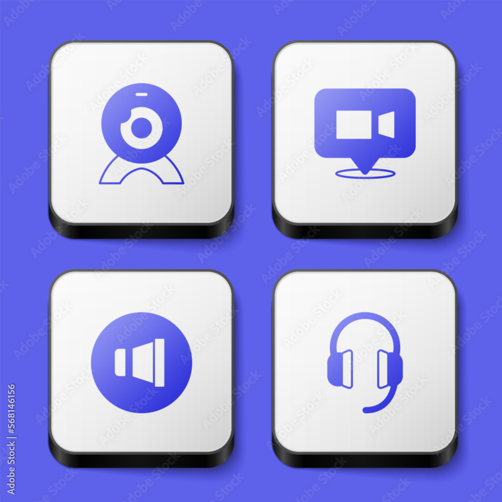 Set Web camera, Video chat conference, Speaker volume and Headphones icon. White square button. Vector Set Web camera, Video chat conference, Speaker volume and Headphones icon. White square button. Vector