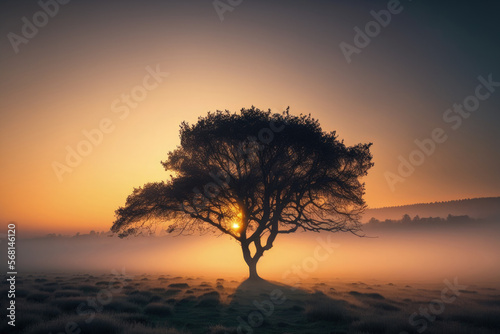 Beautiful dawn with a tree in a meadow and mist. Generative AI