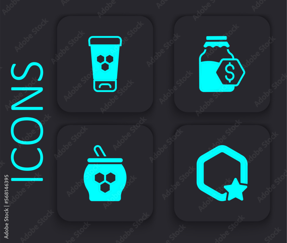 Set Honeycomb, Cosmetic tube with honey, Sale in jar of and Jar and dipper stick icon. Black square button. Vector Set Honeycomb, Cosmetic tube with honey, Sale in jar of and Jar and dipper stick icon. Black square button. Vector