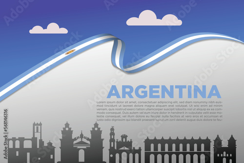 Argentina minimalistic banner cover background clean and modern design with argentine ribbbon flag and famous landmarks