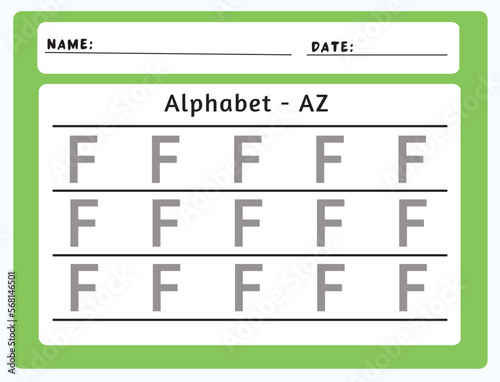 Alphabet tracing worksheet. A-Z writing pages. Letter F uppercase tracing. Handwriting exercise for kids. Printable worksheet.