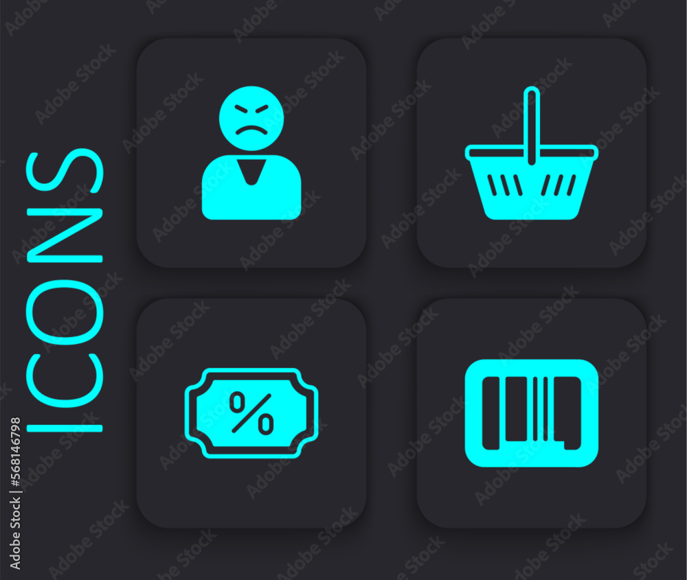 Set Barcode, Angry customer, Shopping basket and Discount percent tag icon. Black square button. Vector