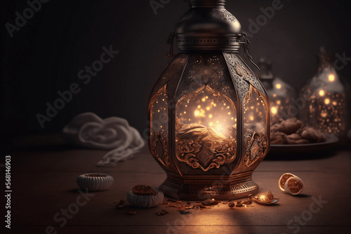 Ramadan Kareem celebration banner with golden traditional lantern and lights, Generative AI illustration