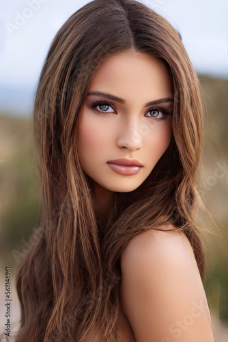 New Faces Beautiful Female Portrait Pictures Blue Eyes Long Brown Hair Slender, created with Generative AI technology