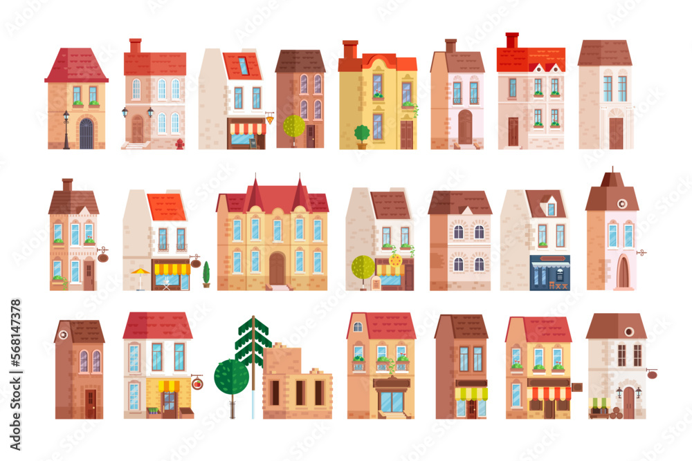 Beautiful color houses bundle isolated on white background. Shape of old city houses flat design bundle. Beautiful color houses bundle isolated on white background. Shape of old city houses flat design bundle.