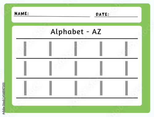 Alphabet tracing worksheet. A-Z writing pages. Letter I uppercase tracing. Handwriting exercise for kids. Printable worksheet.