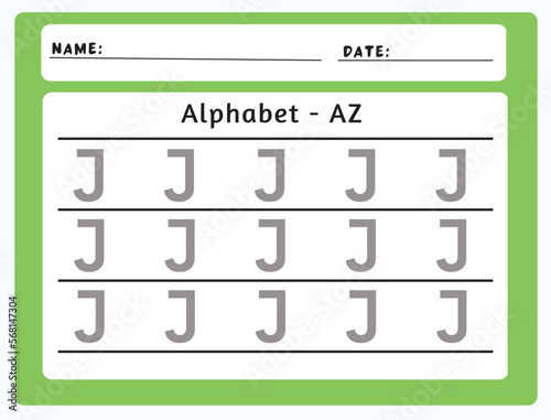 Alphabet tracing worksheet. A-Z writing pages. Letter J uppercase tracing. Handwriting exercise for kids. Printable worksheet.