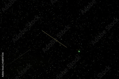On February 1-2, 2023, the rare green comet C/2022 E3 (ZTF) made its closest approach to earth. This comet with fireball meteors was taken 2/2 at 05:48:34 AM PST (UTC-8) near Ashland Oregon.
