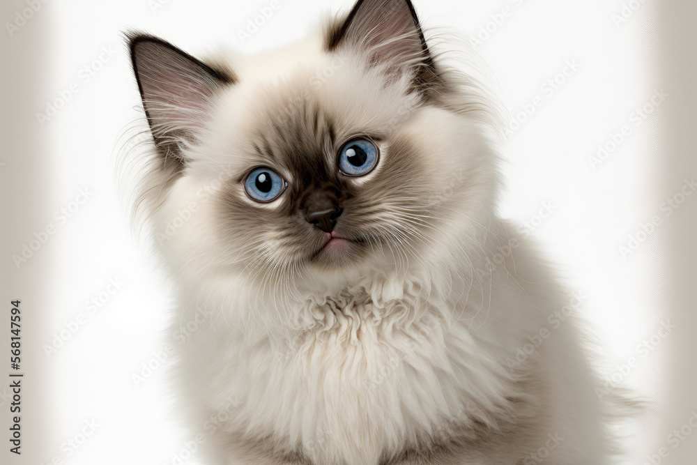 5 month old Birman cat in a white background for a portrait. Generative AI