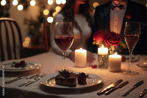 Valentine Dinner on Table in a Candle Genarative AI