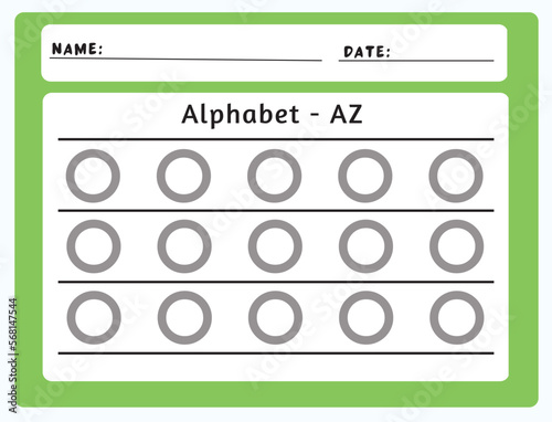 Alphabet tracing worksheet. A-Z writing pages. Letter O uppercase tracing. Handwriting exercise for kids. Printable worksheet.