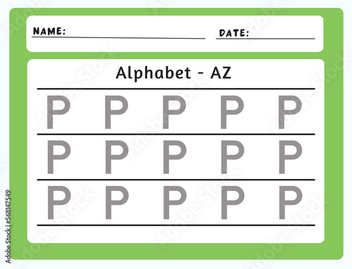 Alphabet tracing worksheet. A-Z writing pages. Letter P uppercase tracing. Handwriting exercise for kids. Printable worksheet.