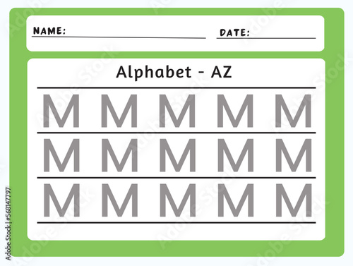 Alphabet tracing worksheet. A-Z writing pages. Letter M uppercase tracing. Handwriting exercise for kids. Printable worksheet.