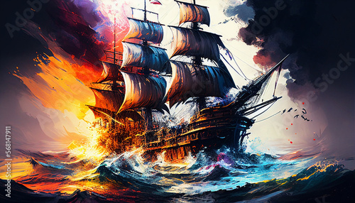 Massive Pirate Ship shining through large splashes of water oil painting - Generative AI