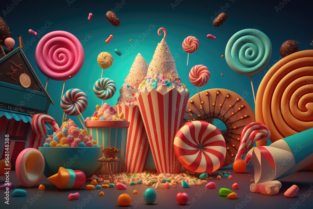 3D Composite Candy-Filled Carnival with Games. Generative AI 3D Composite Candy-Filled Carnival with Games. Generative AI