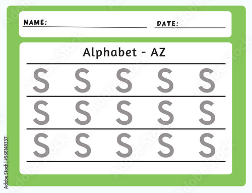 Alphabet tracing worksheet. A-Z writing pages. Letter S uppercase tracing. Handwriting exercise for kids. Printable worksheet.