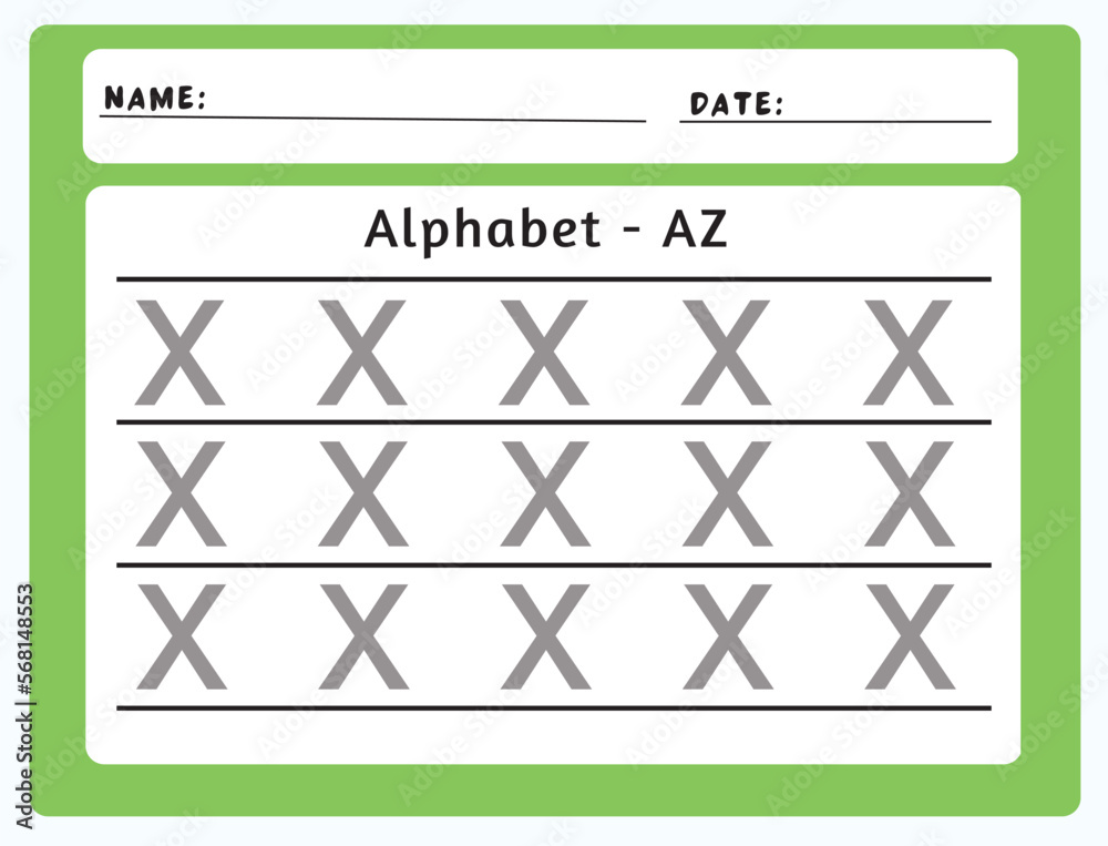 Alphabet tracing worksheet. A-Z writing pages. Letter X uppercase tracing. Handwriting exercise for kids. Printable worksheet. Alphabet tracing worksheet. A-Z writing pages. Letter X uppercase tracing. Handwriting exercise for kids. Printable worksheet.