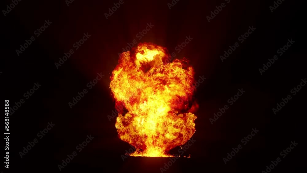 Impressive intense explosion on a black background. Dynamic composition of a detonating bright colorful explosion, shock wave and puffs of smoke filling the space