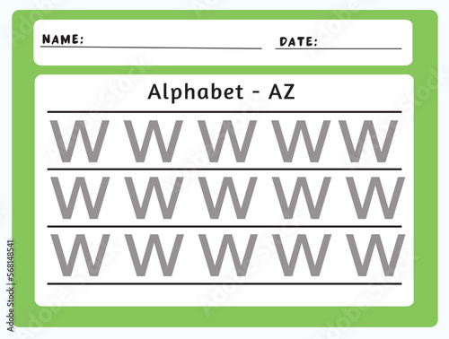 Alphabet tracing worksheet. A-Z writing pages. Letter W uppercase tracing. Handwriting exercise for kids. Printable worksheet.