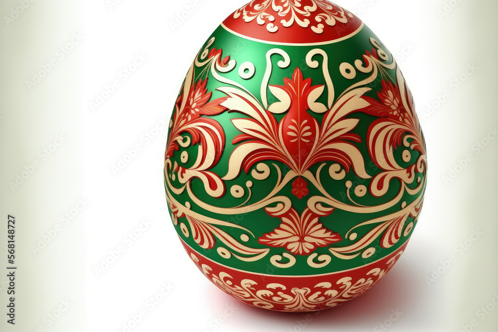 On a white background, a red easter egg with a green pattern is isolated. Generative AI