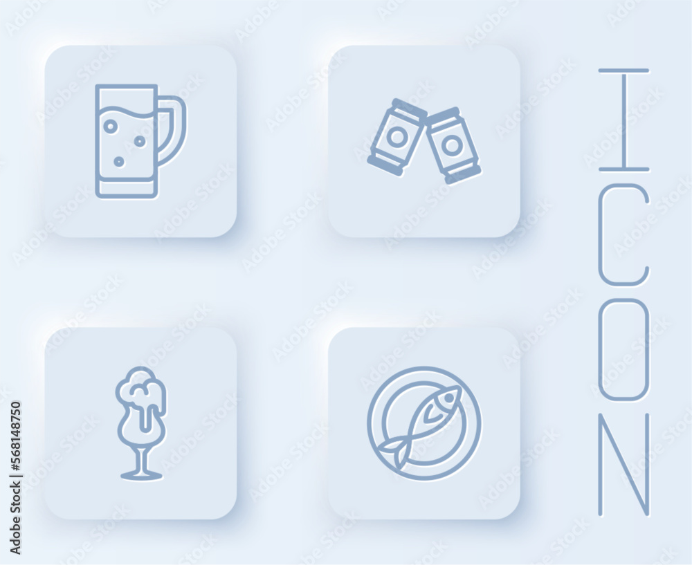 Set line Glass of beer, Beer can, and Dried fish. White square button. Vector