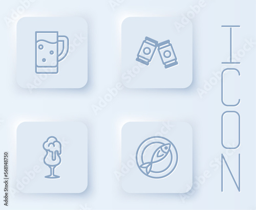 Set line Glass of beer, Beer can, and Dried fish. White square button. Vector