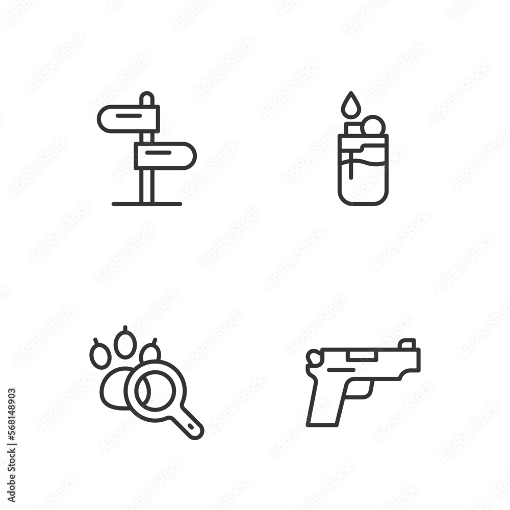 Set line Pistol or gun, Paw search, Road traffic sign and Lighter icon. Vector