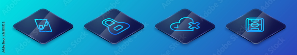Set Isometric line Heart rate, Flippers for swimming, Football field and Weight icon. Vector