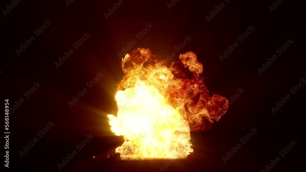 Impressive intense explosion on a black background. Dynamic composition of a detonating bright colorful explosion, shock wave and puffs of smoke filling the space
