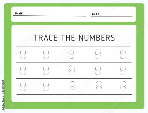 Writing practice number eight printable worksheet for kids to improve basic writing skills. Trace line numbers for kindergarten and preschool kids