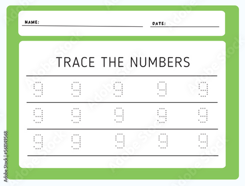 Writing practice number nine printable worksheet for kids to improve basic writing skills. Trace line numbers for kindergarten and preschool kids