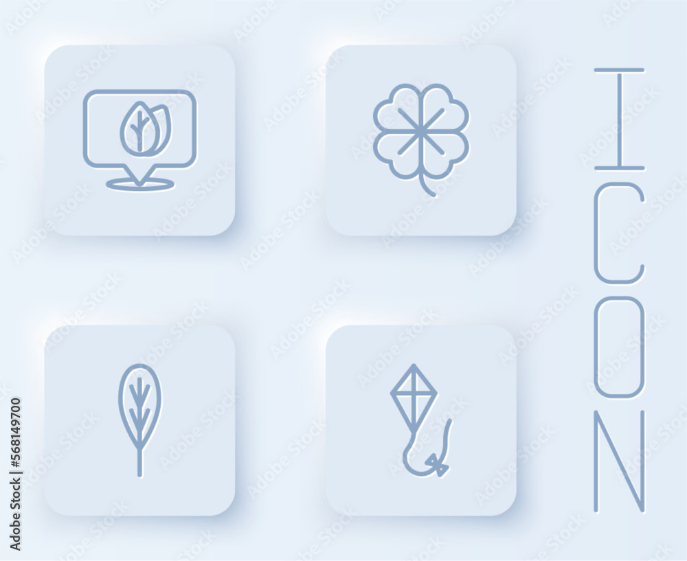 Set line Location with leaf, Four clover, Leaf and Kite. White square button. Vector Set line Location with leaf, Four clover, Leaf and Kite. White square button. Vector