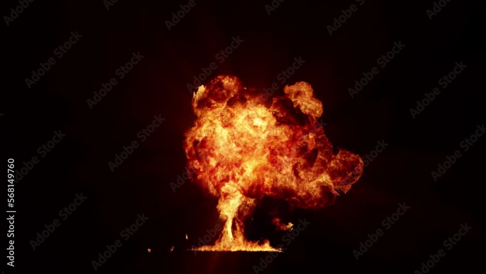 Impressive intense explosion on a black background. Dynamic composition of a detonating bright colorful explosion, shock wave and puffs of smoke filling the space
