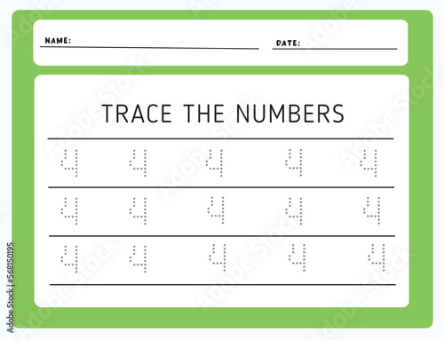 Writing practice number four printable worksheet for kids to improve basic writing skills. Trace line numbers for kindergarten and preschool kids