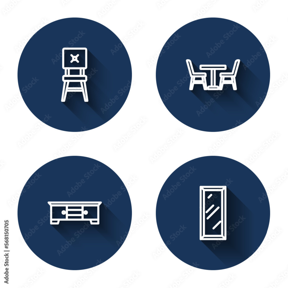 Set line Chair, Table with chair, TV table stand and Big full length mirror with long shadow. Blue circle button. Vector Set line Chair, Table with chair, TV table stand and Big full length mirror with long shadow. Blue circle button. Vector