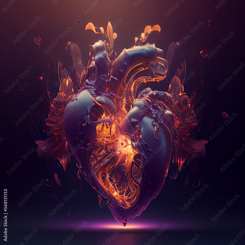 Robot heart in cyberpunk style, futuristic illustration. Love, feelings