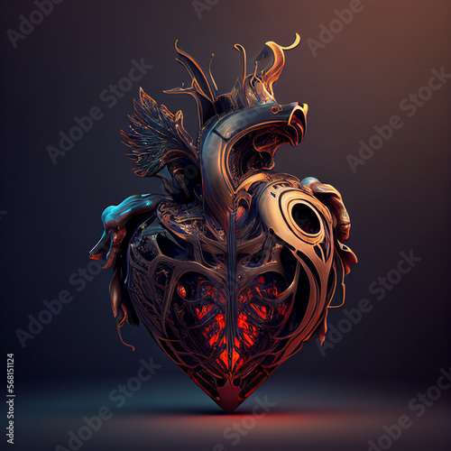 Robot heart in cyberpunk style, futuristic illustration. Love, feelings, romantic St. Valentine's Day concept. Sci-fi replacement organ - Generative AI