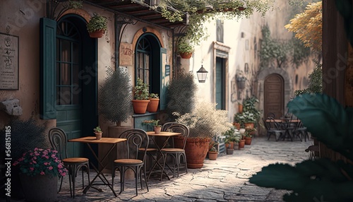  a painting of a street with tables and chairs and potted plants on the side of the building and a lamp on the side of the building. generative ai
