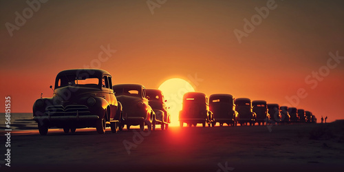 A line of vintage vehicles silhouetted against the horizon . Vector illustration.